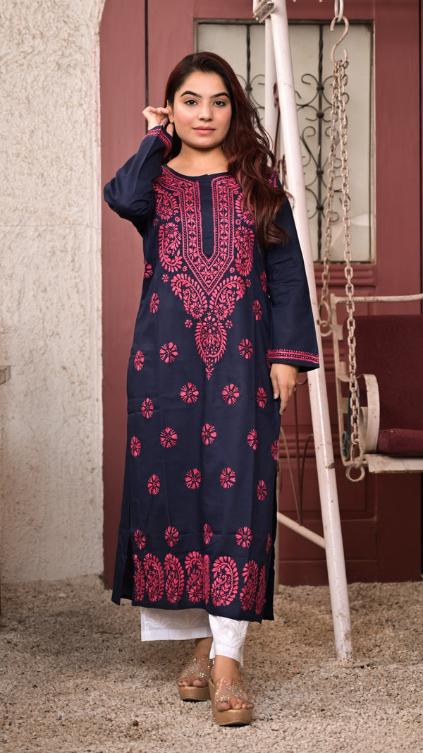 Lucknowi Chikankari Kurti Navy Blue Mulmul Cotton