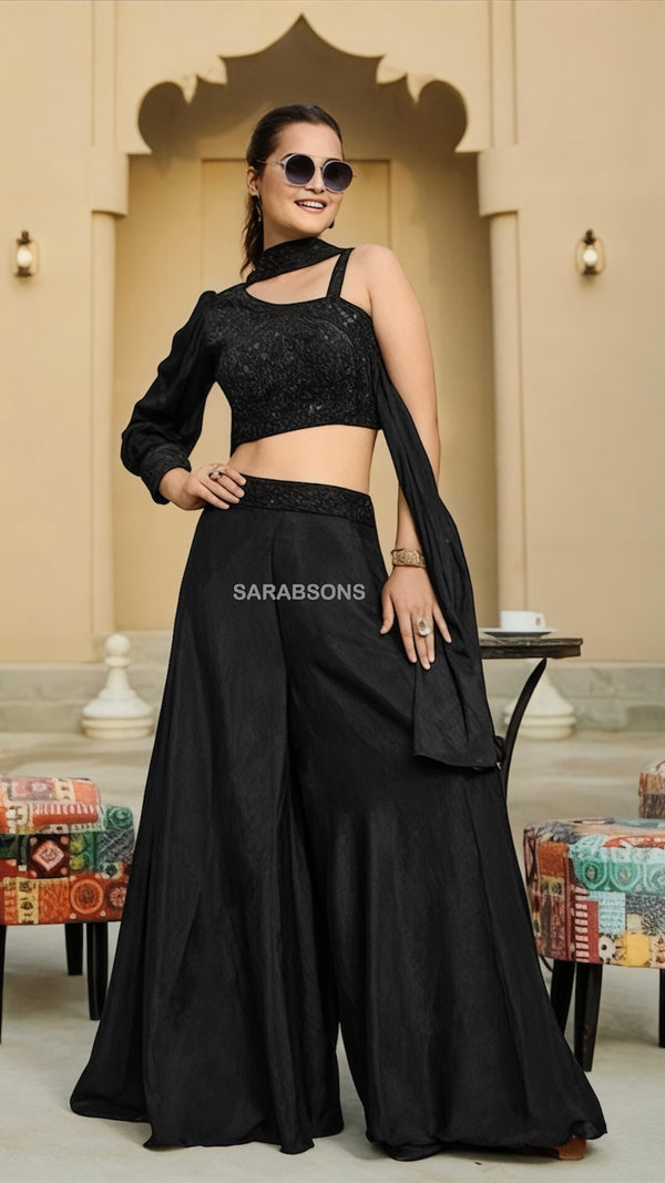 Obsidian Black Indo-Western One-Shoulder Crop Top Palazzo with Choker Dupatta Set
