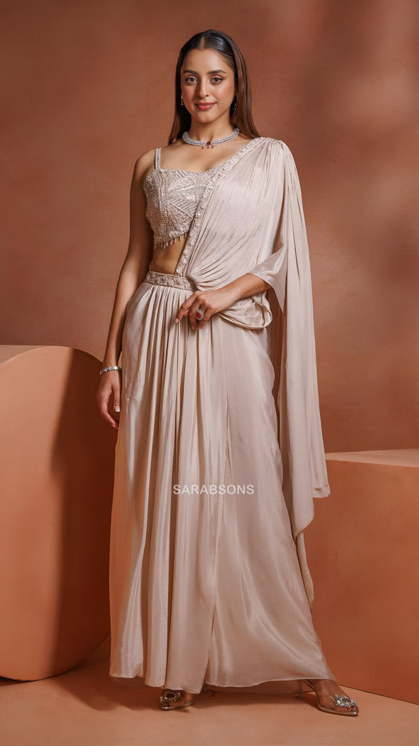 Opal Beige Indo-Western Spaghetti-Strap Crop Top Ready-To-Wear Draped Saree
