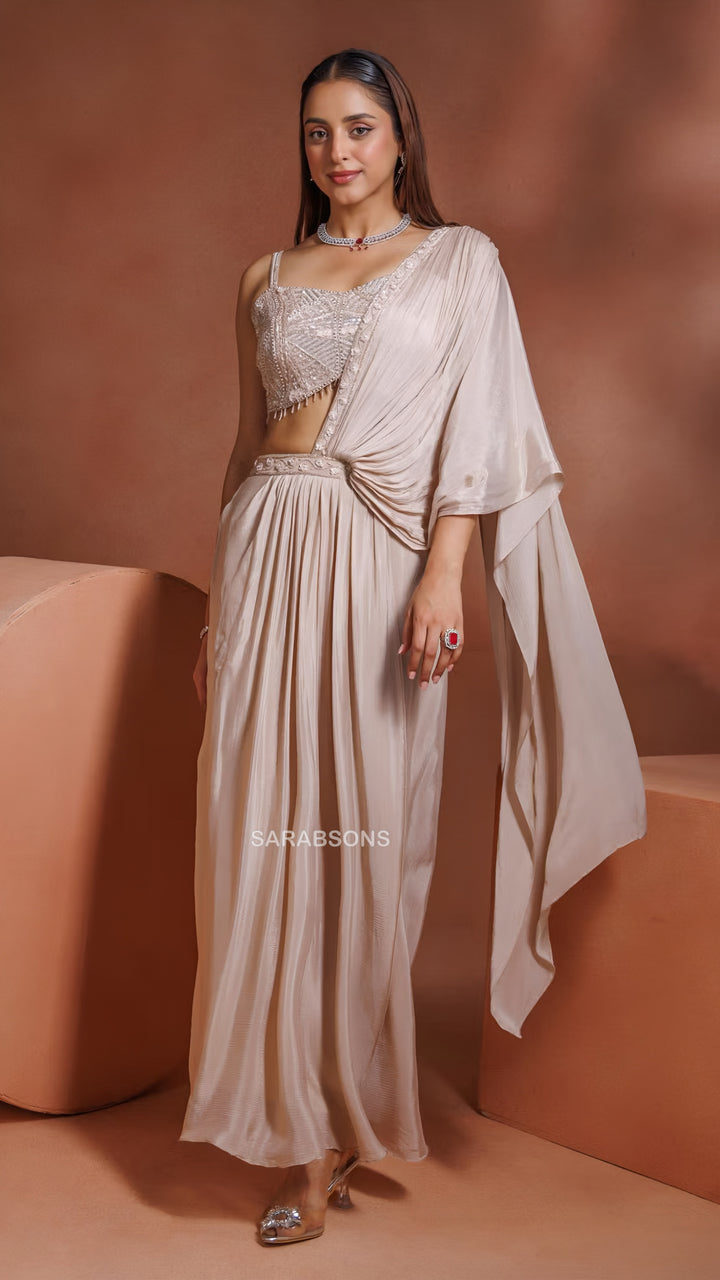 Opal Beige Indo-Western Spaghetti-Strap Crop Top Ready-To-Wear Draped Saree
