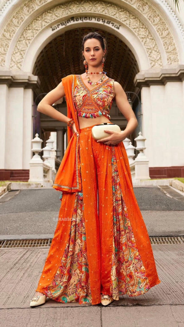Orange Indowestern Crop Top Palazzo Set