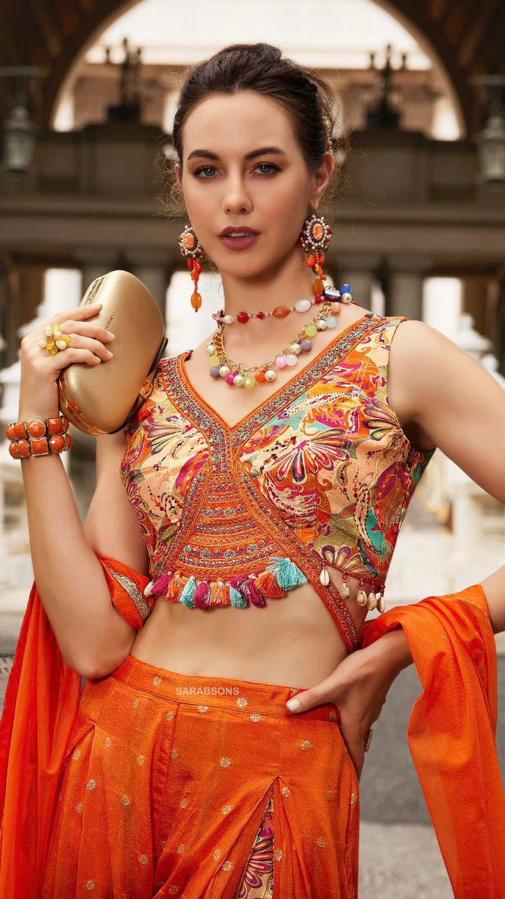 Orange Indowestern Crop Top Palazzo Set