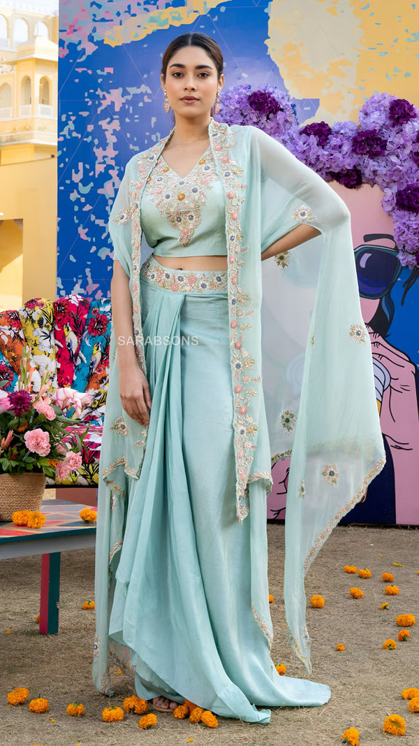 Pastel Aqua Indo-Western Crop Top Draped Skirt with Cape Set
