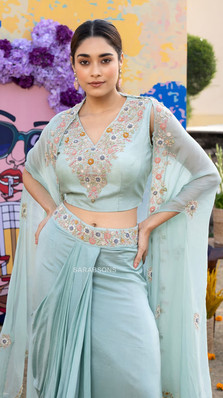Pastel Aqua Indo-Western Crop Top Draped Skirt with Cape Set
