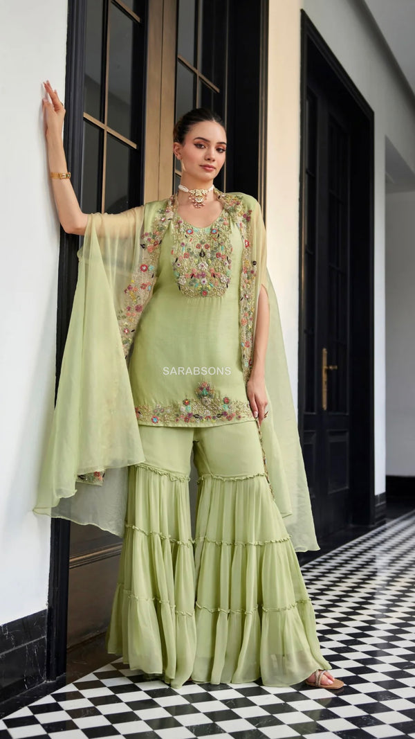 Pastel Green Indo-Western Short Kurti Sharara Suit with Cape Set
