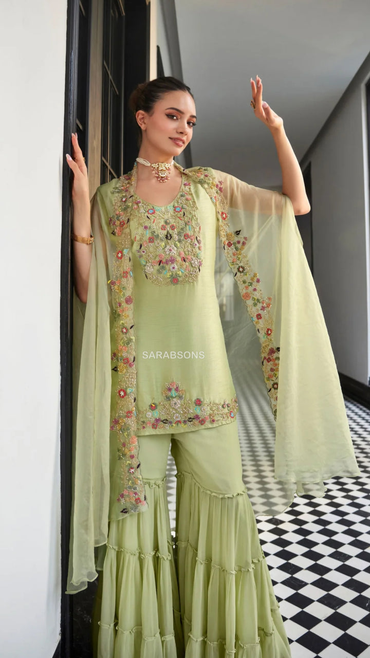 Pastel Green Indo-Western Short Kurti Sharara Suit with Cape Set
