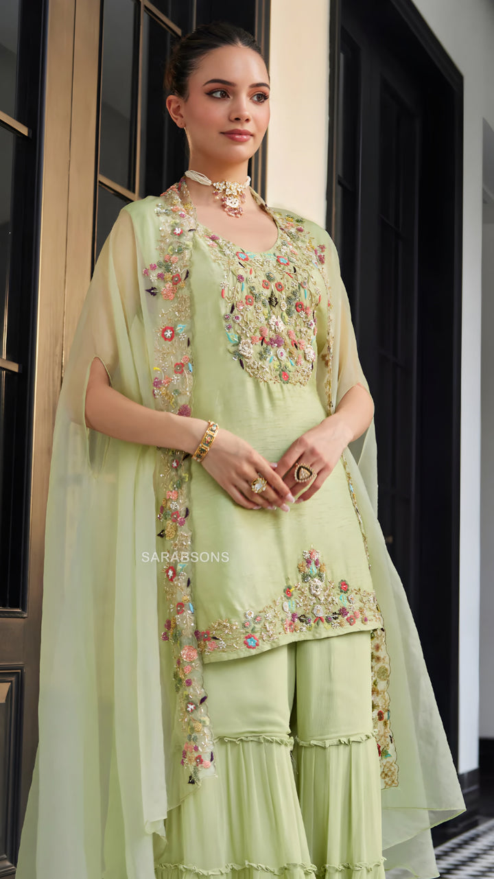 Pastel Green Indo-Western Short Kurti Sharara Suit with Cape Set
