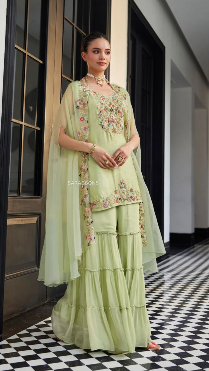 Pastel Green Indo-Western Short Kurti Sharara Suit with Cape Set
