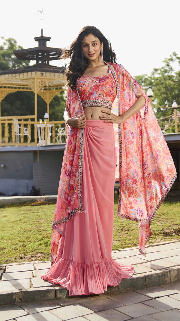 Peach Indowestern Bustier Skirt with Cape Set