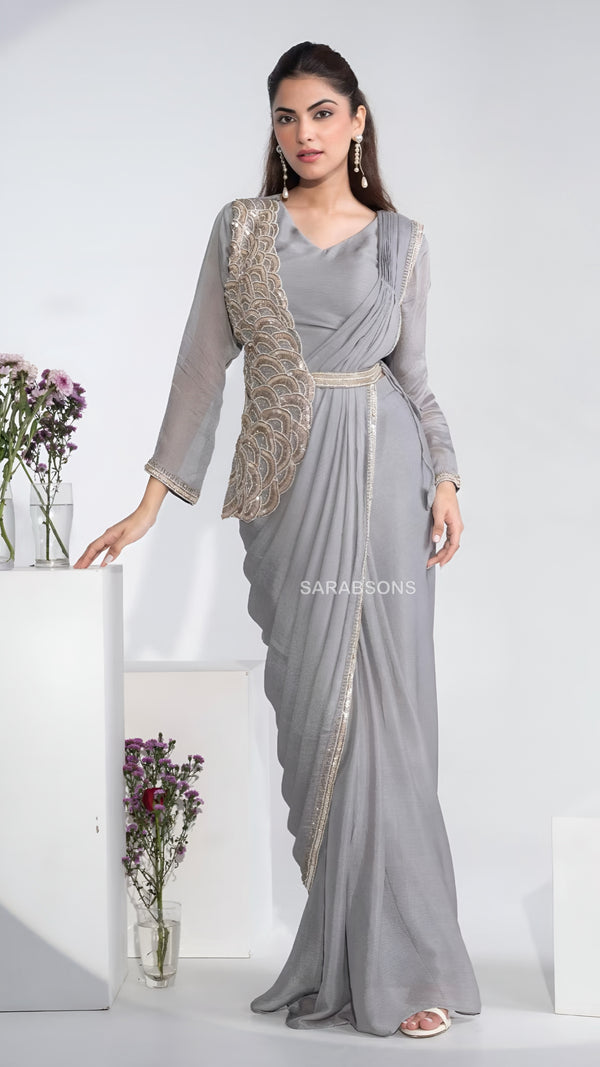 Pearl Grey Indo-Western Ready-To-Wear Draped Saree with Semi-Jacket Set
