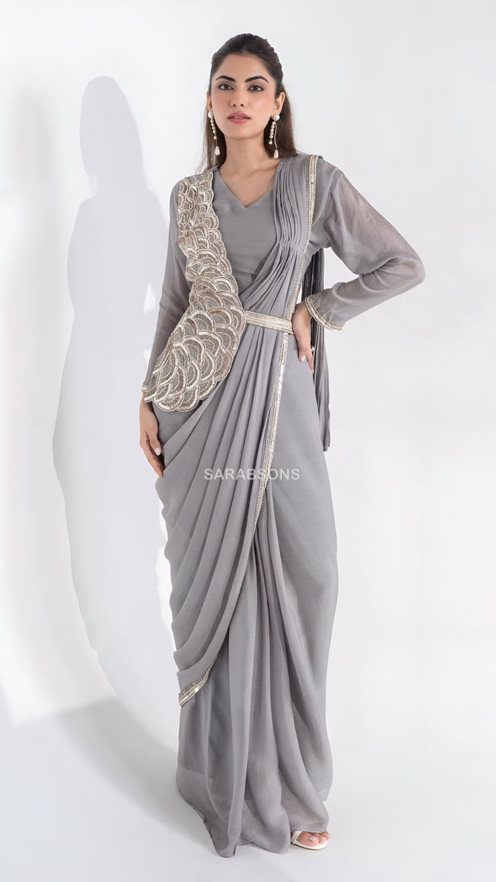Pearl Grey Indo-Western Ready-To-Wear Draped Saree with Semi-Jacket Set
