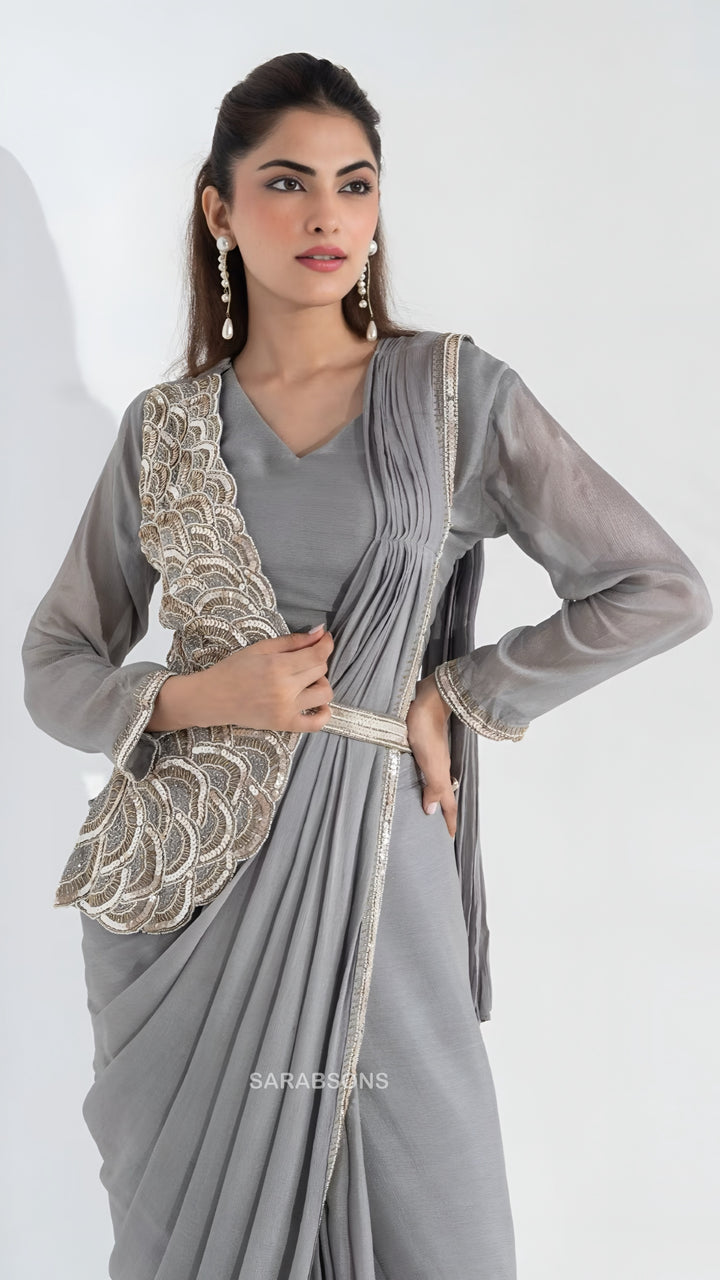 Pearl Grey Indo-Western Ready-To-Wear Draped Saree with Semi-Jacket Set
