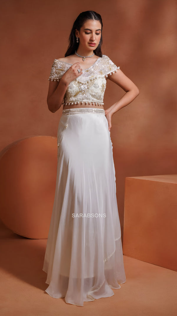Pearl Ivory Indo-Western Crop Top Skirt Set
