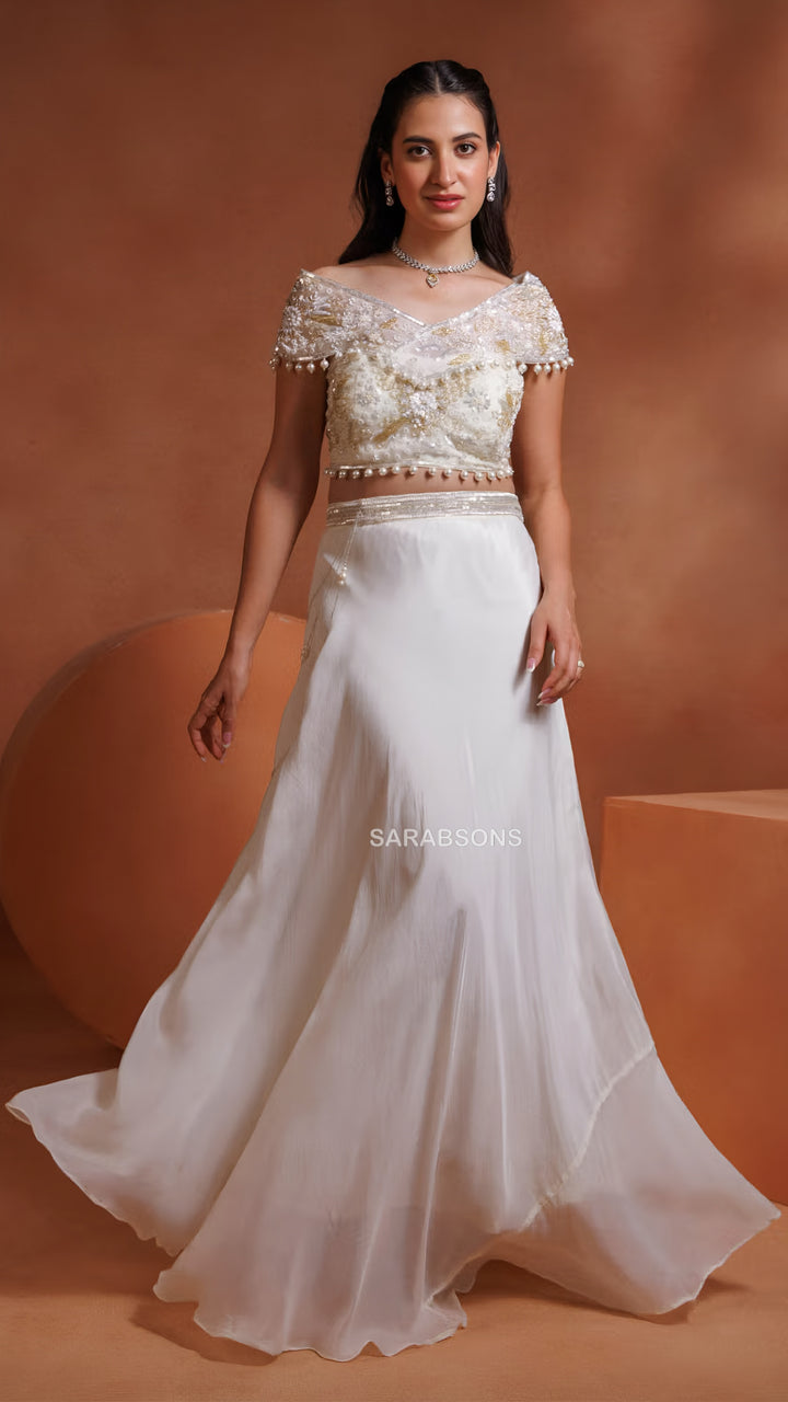Pearl Ivory Indo-Western Crop Top Skirt Set
