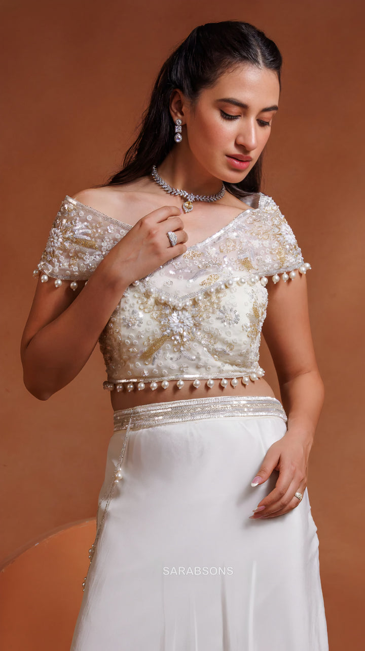 Pearl Ivory Indo-Western Crop Top Skirt Set
