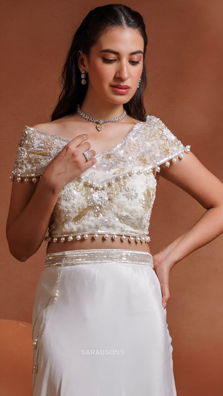 Pearl Ivory Indo-Western Crop Top Skirt Set
