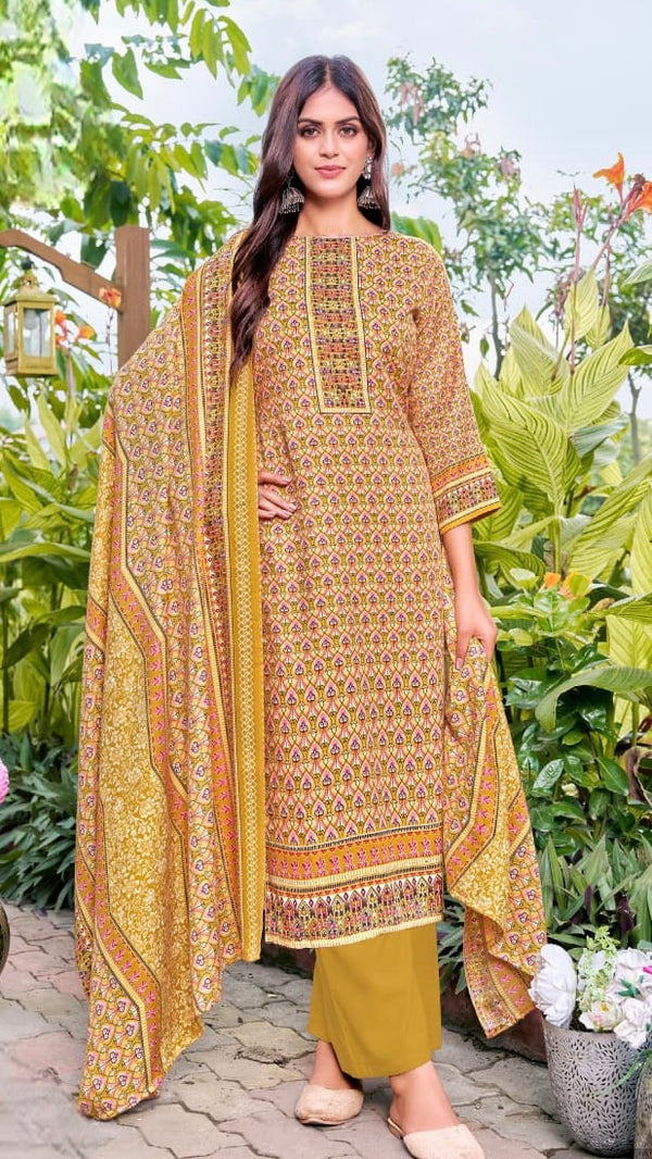 Mustard Pashmina Suit Length 3 Piece with Pashmina Dupatta