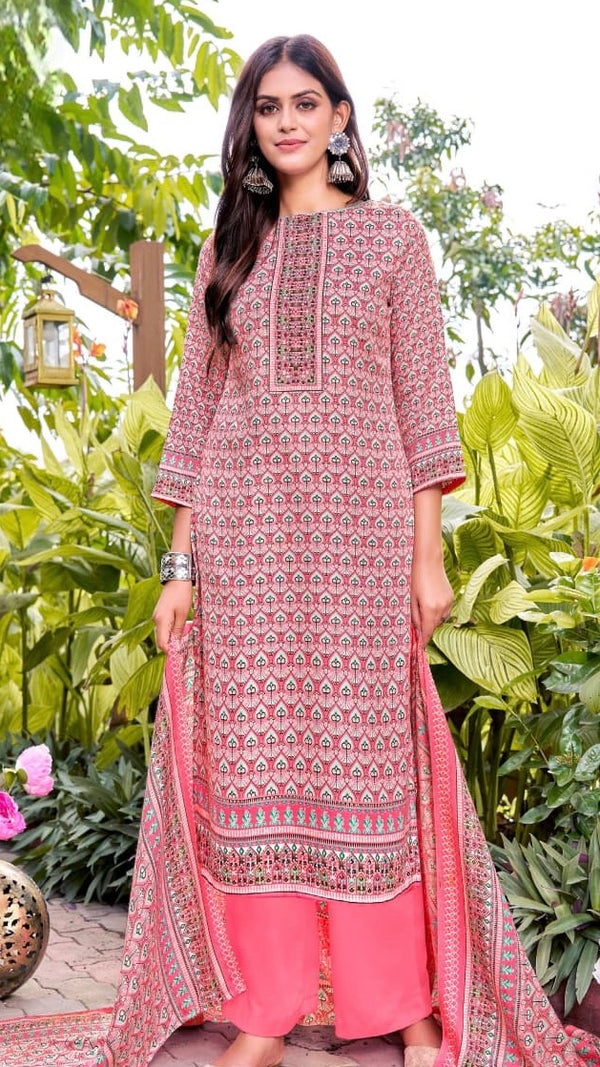 Peach Pashmina Suit Length 3 Piece with Pashmina Dupatta