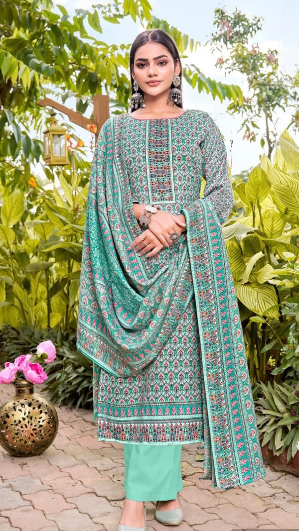 Blue Pashmina Suit Length 3 Piece with Pashmina Dupatta