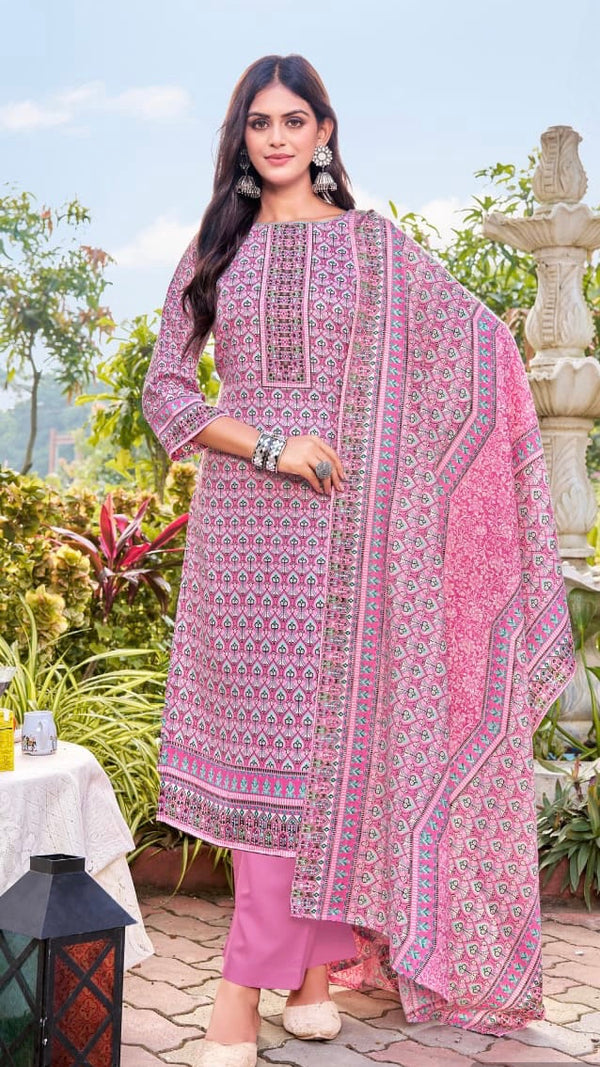 Pink Pashmina Suit Length 3 Piece with Pashmina Dupatta