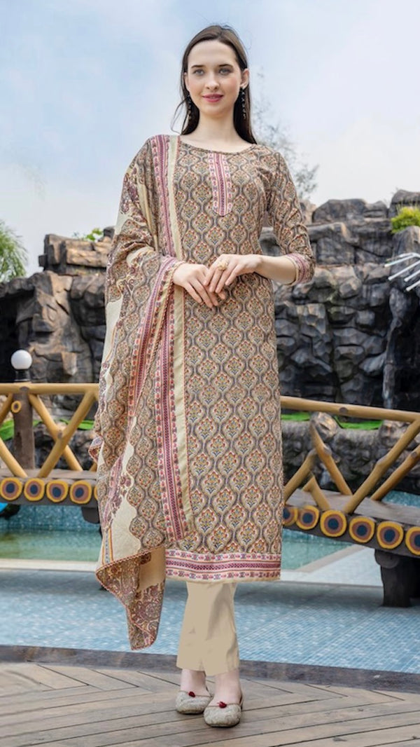 Beige Pashmina Suit Length 3 Piece with Pashmina Dupatta