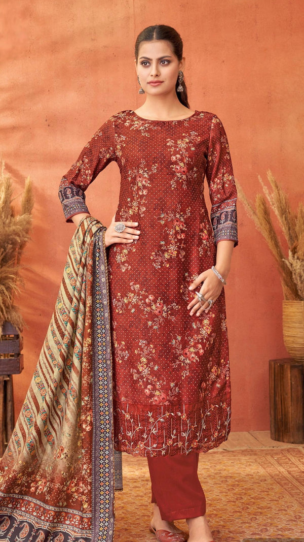 Red Pashmina Suit Length 3 Piece with Pashmina Dupatta