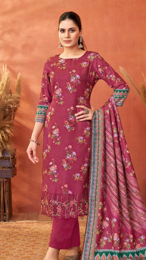 Wine Pashmina Suit Length 3 Piece with Pashmina Dupatta