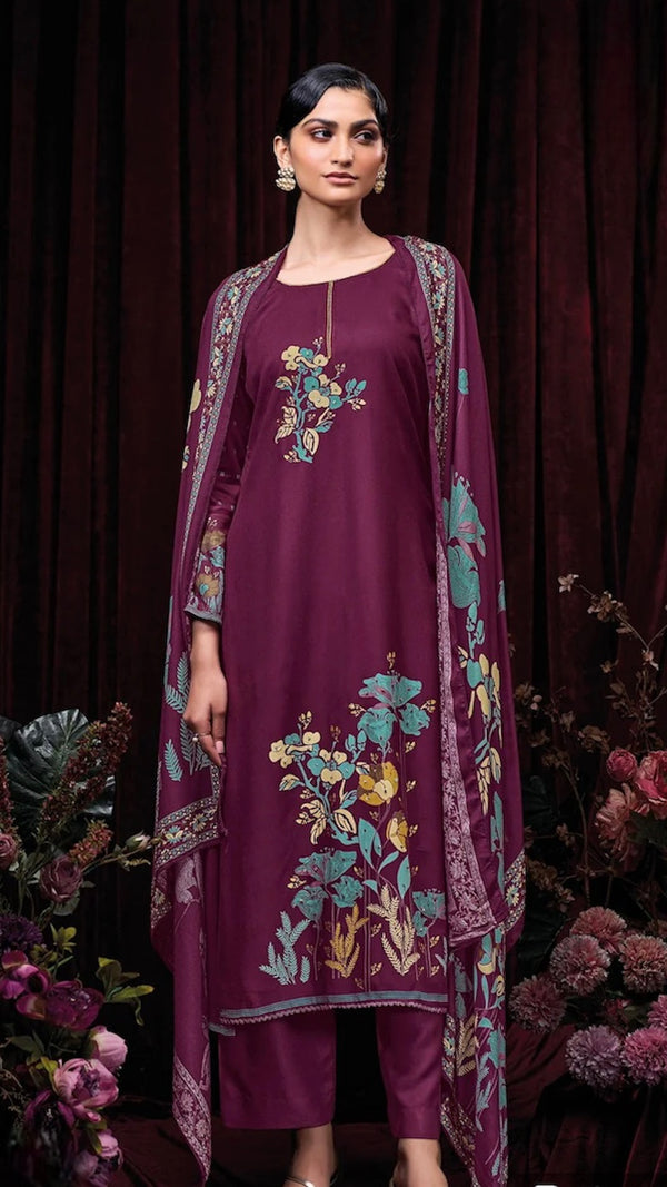 Wine Pashmina Suit Length 3 Piece with Pashmina Dupatta