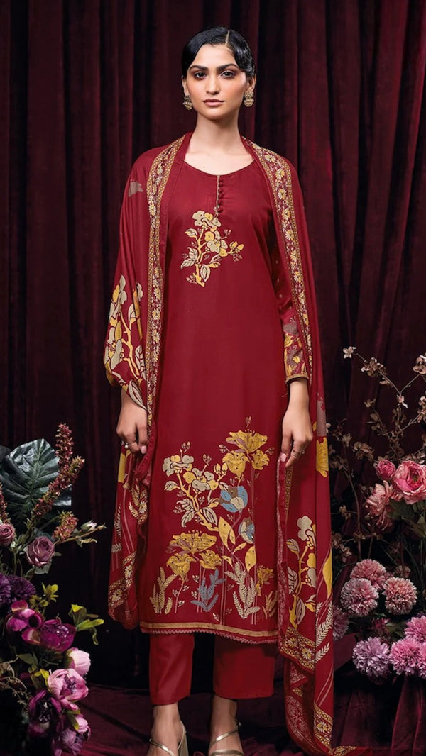 Maroon Pashmina Suit Length 3 Piece with Pashmina Dupatta