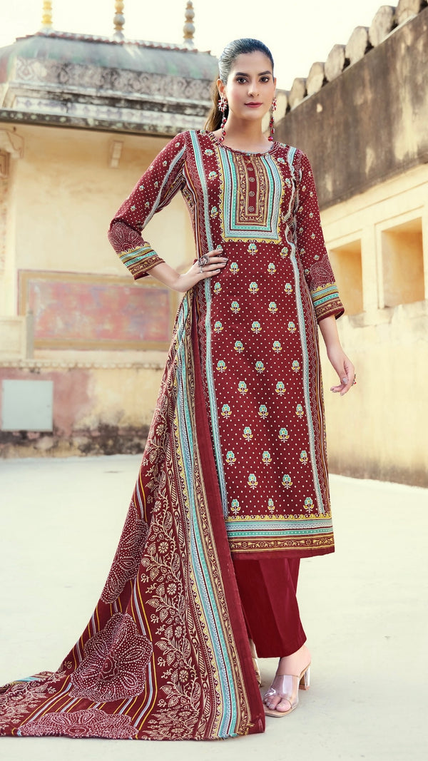 Maroon Pashmina Suit Length 3 Piece with Pashmina Dupatta