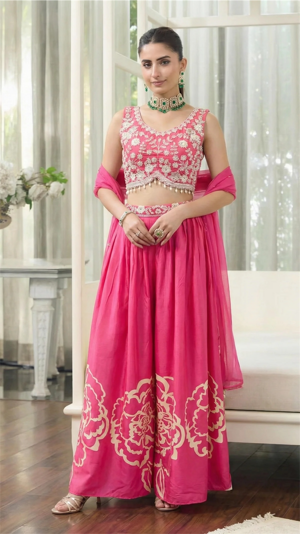 Pink Indowestern Crop Top Palazzo Set