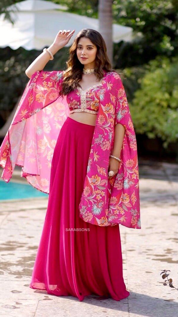 Pink Indowestern Strappy Crop Top Palazzo with Cape Set