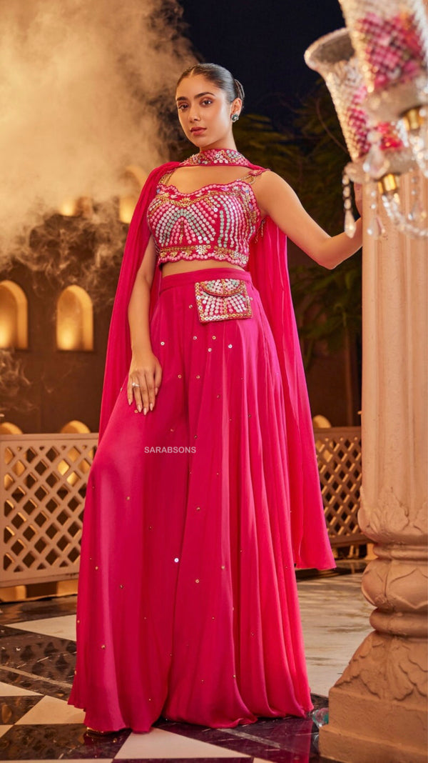 Pink Indowestern Strappy Crop Top Palazzo with Choker Dupatta Set