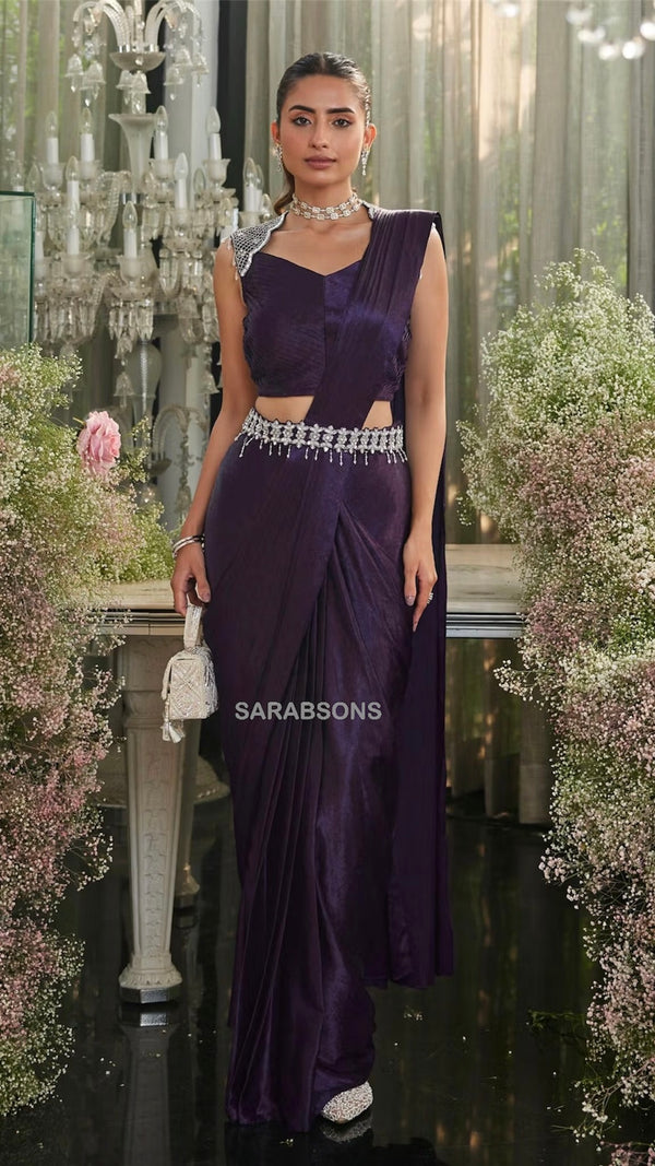 Plum Purple Indo-Western Ready-To-Wear Draped Saree
