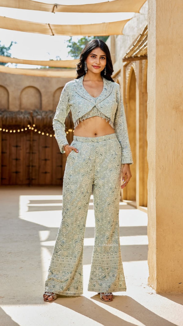 Powder Blue Indowestern Strappy Crop Top Pants with Cropped Jacket Set