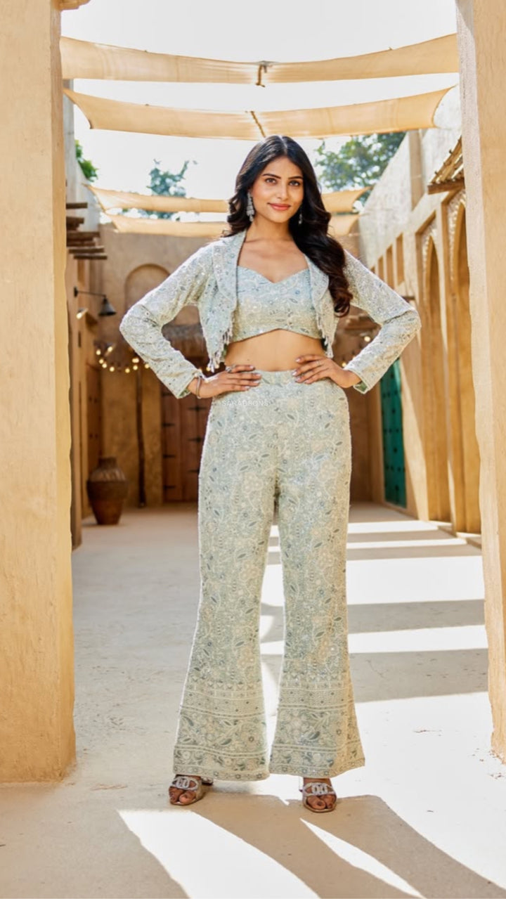 Powder Blue Indowestern Strappy Crop Top Pants with Cropped Jacket Set