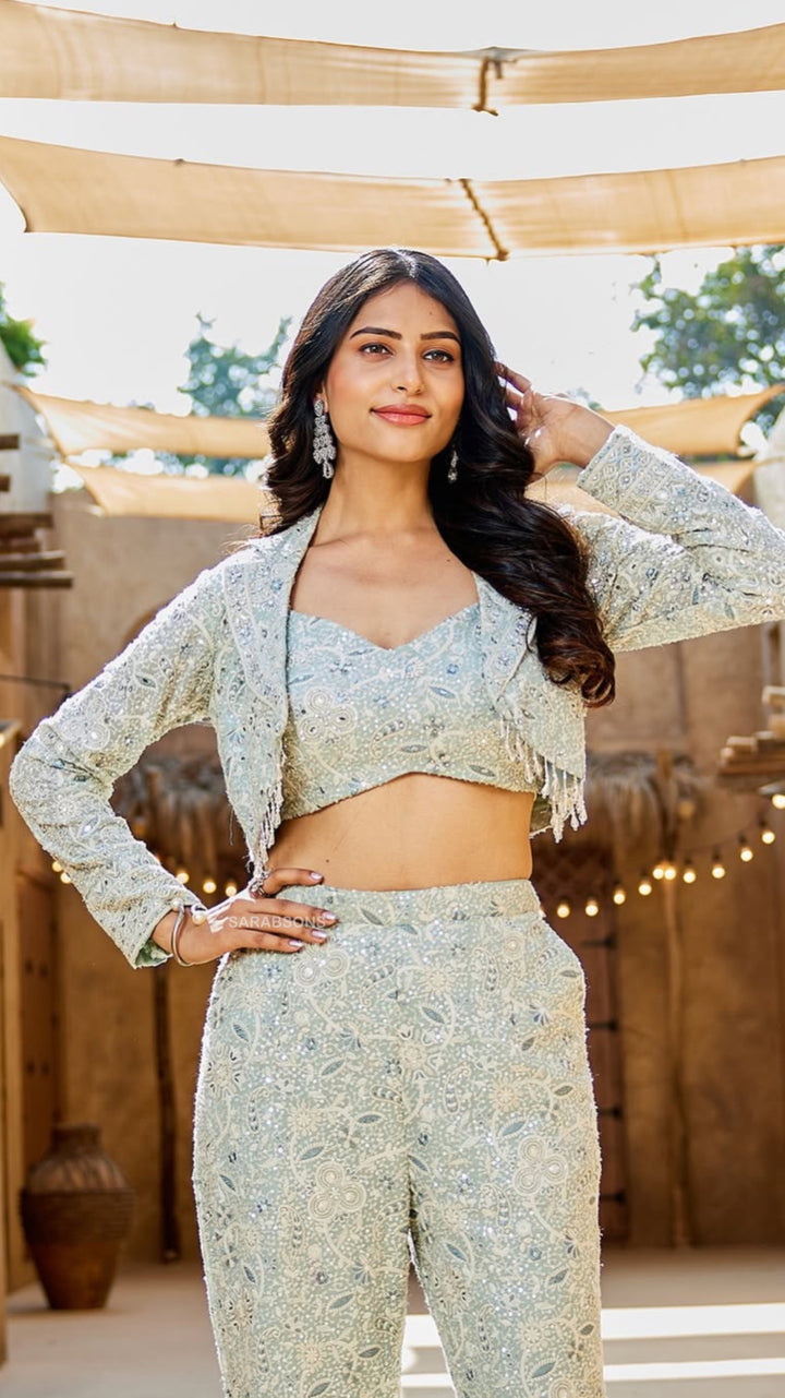 Powder Blue Indowestern Strappy Crop Top Pants with Cropped Jacket Set