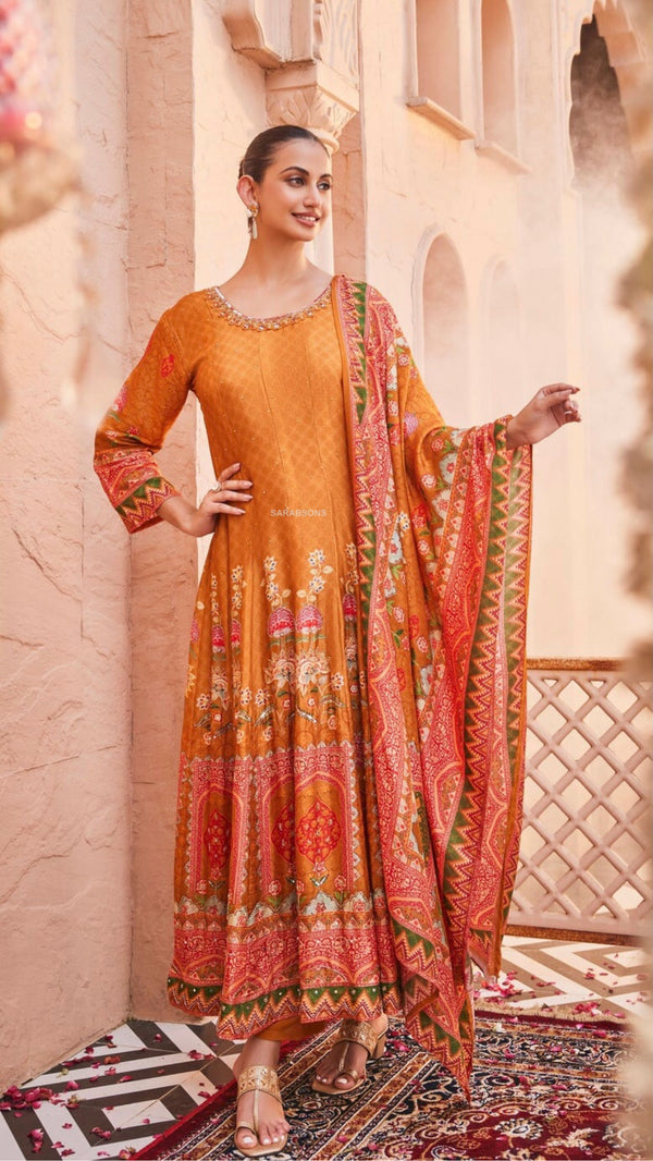 Rust Anarkali Suit Set - Pants Set