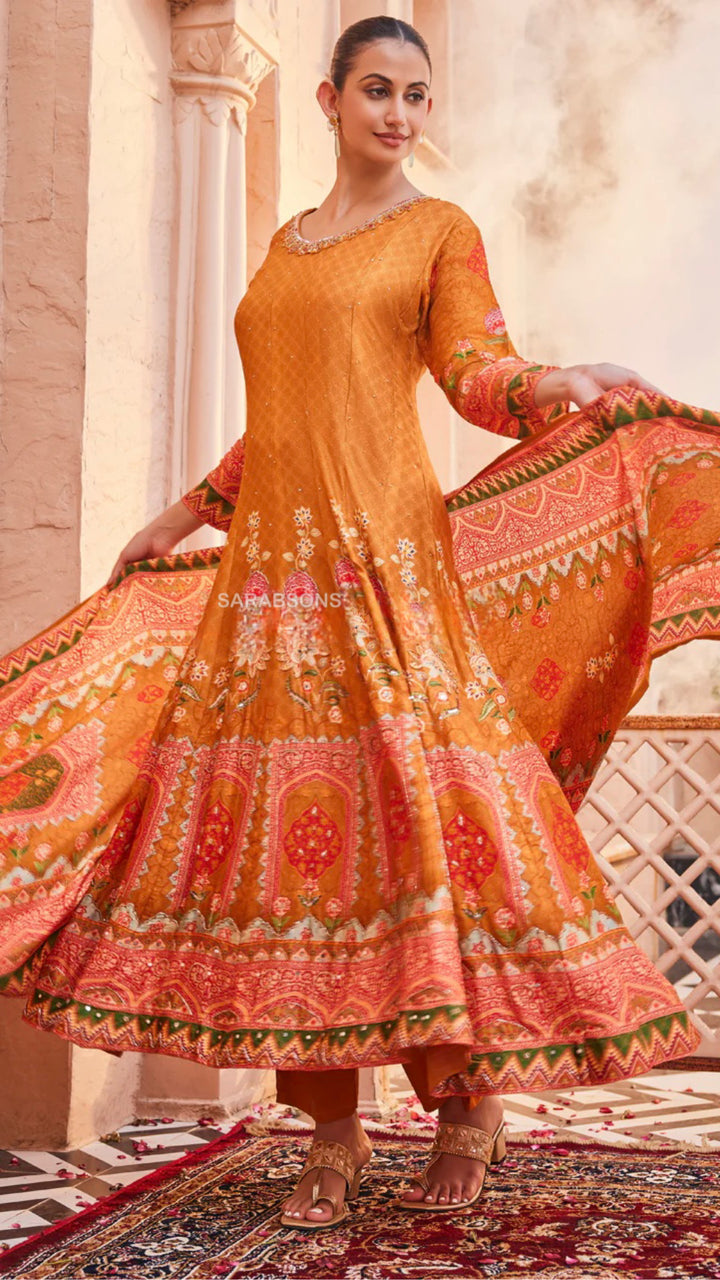 Rust Anarkali Suit Set - Pants Set