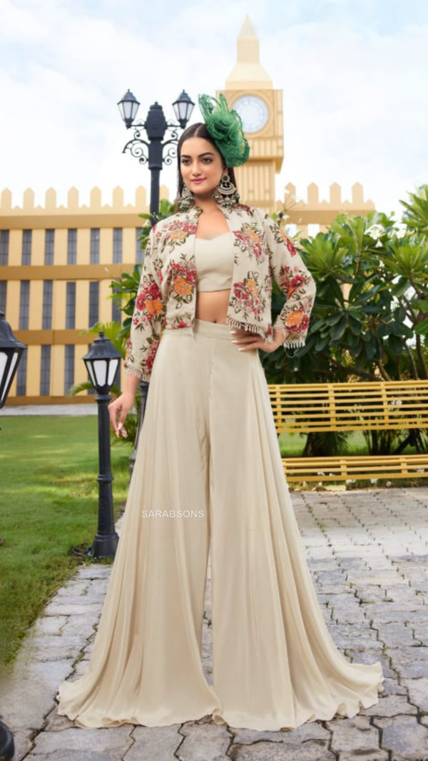 Soft Beige Indo-Western Crop Top Palazzo with Jacket Set
