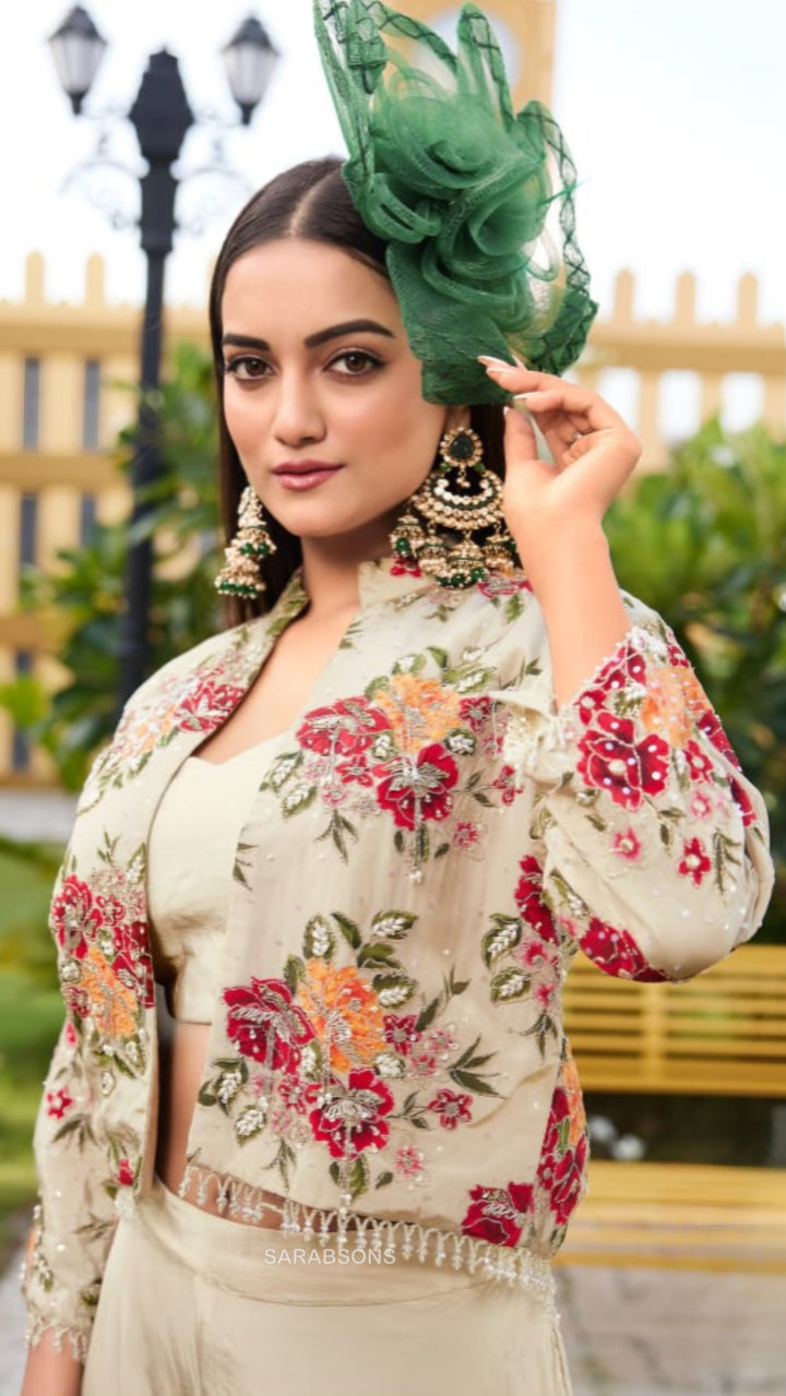 Soft Beige Indo-Western Crop Top Palazzo with Jacket Set
