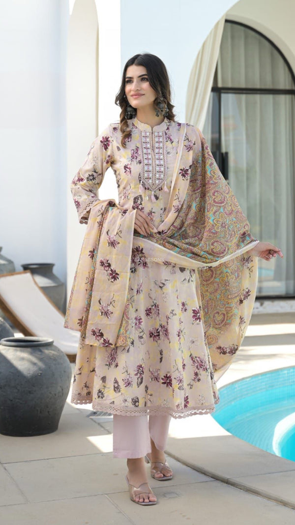 Soft Pastel Beige Anarkali Suit Set in Cotton- Pants Set