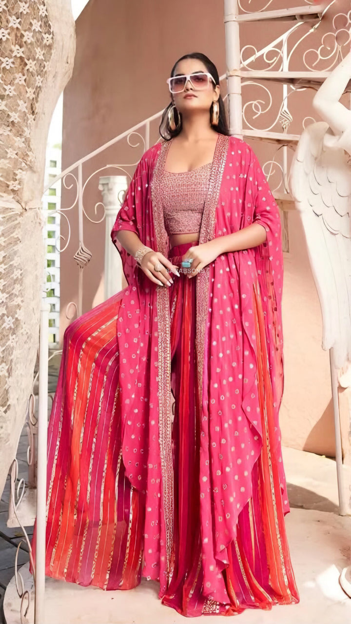 Strawberry Pink Indowestern Strappy Crop Top Palazzo with Cape Set