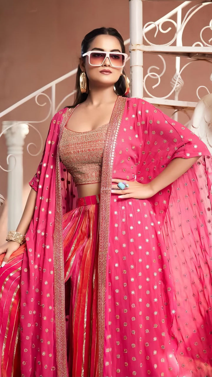 Strawberry Pink Indowestern Strappy Crop Top Palazzo with Cape Set