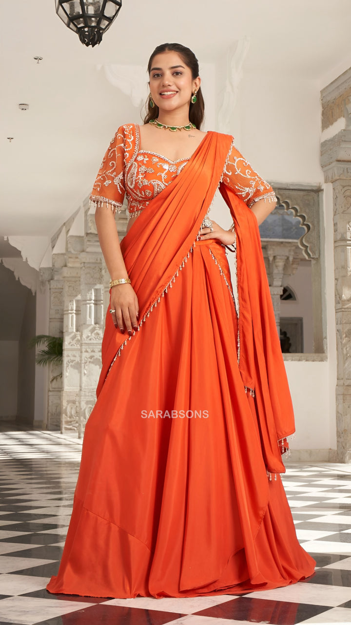 Tangerine Orange Indo-Western Ready-To-Wear Draped Saree
