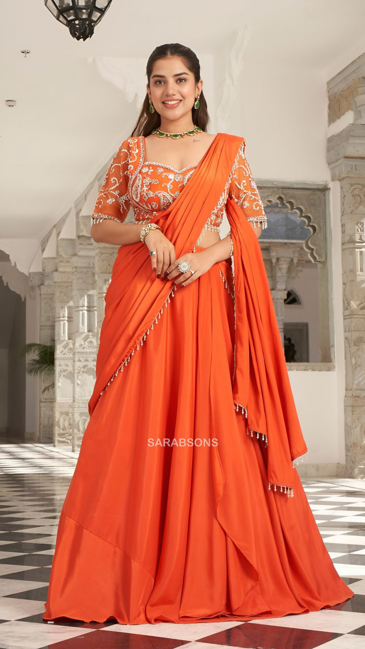 Tangerine Orange Indo-Western Ready-To-Wear Draped Saree
