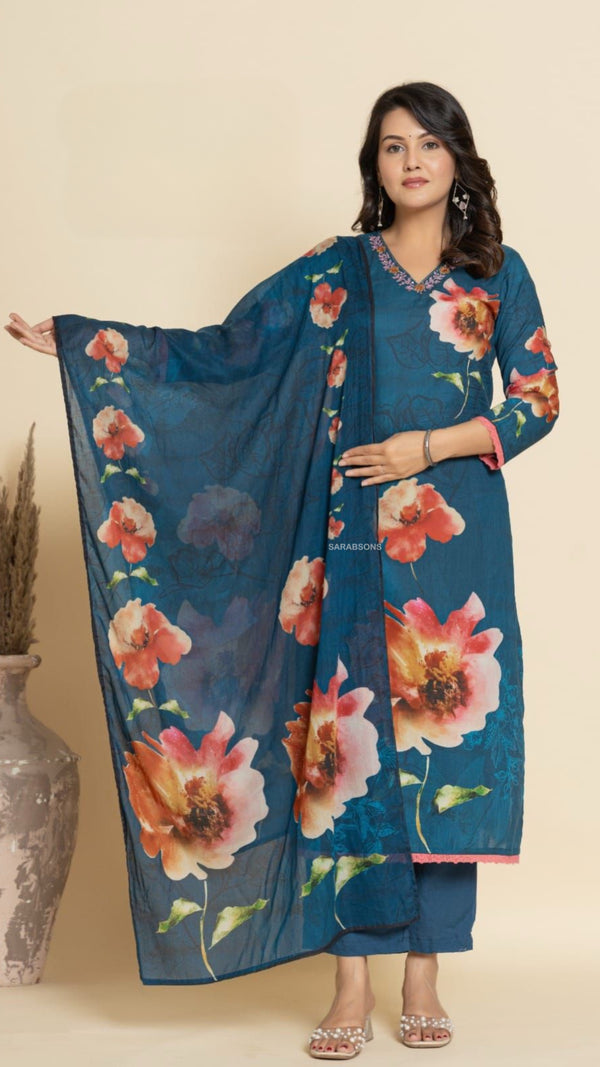 Teal Blue Cotton Suit Set - Pants Set