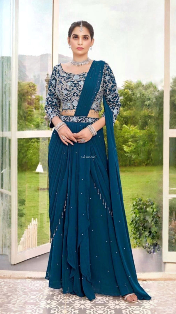 Teal Blue Indo-Western Ready-To-Wear Draped Saree