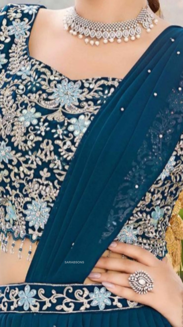 Teal Blue Indo-Western Ready-To-Wear Draped Saree