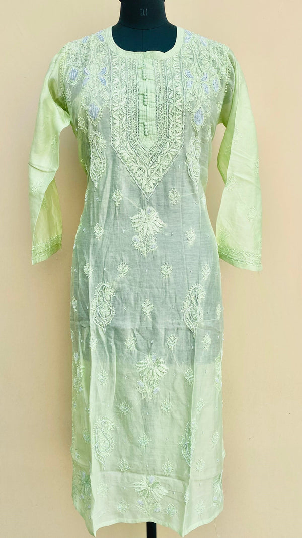 Lucknowi Chikankari Kurti Green Muslin Cotton with Self work & Pearl Work